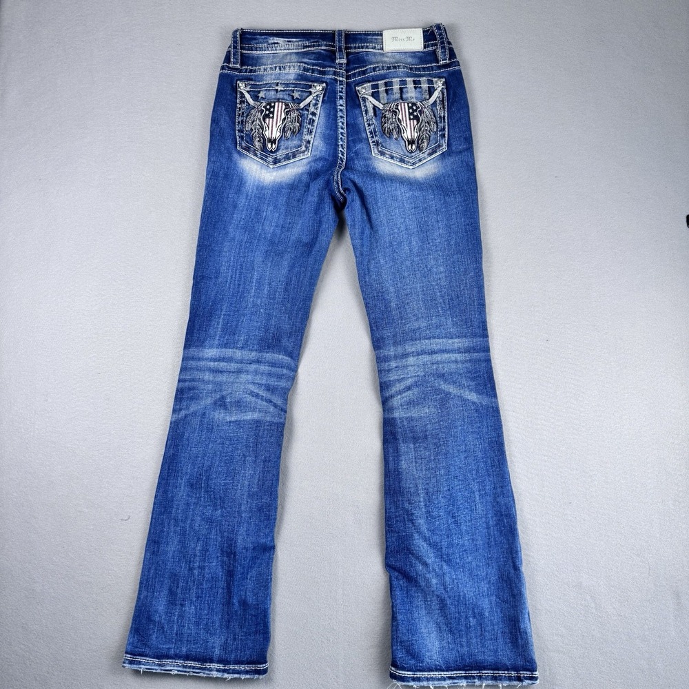 Miss Me Mid-Rise Bootcut Jeans 28x32 Cowgirl Distressed Fade Skull Western Rodeo - Picture 6 of 10